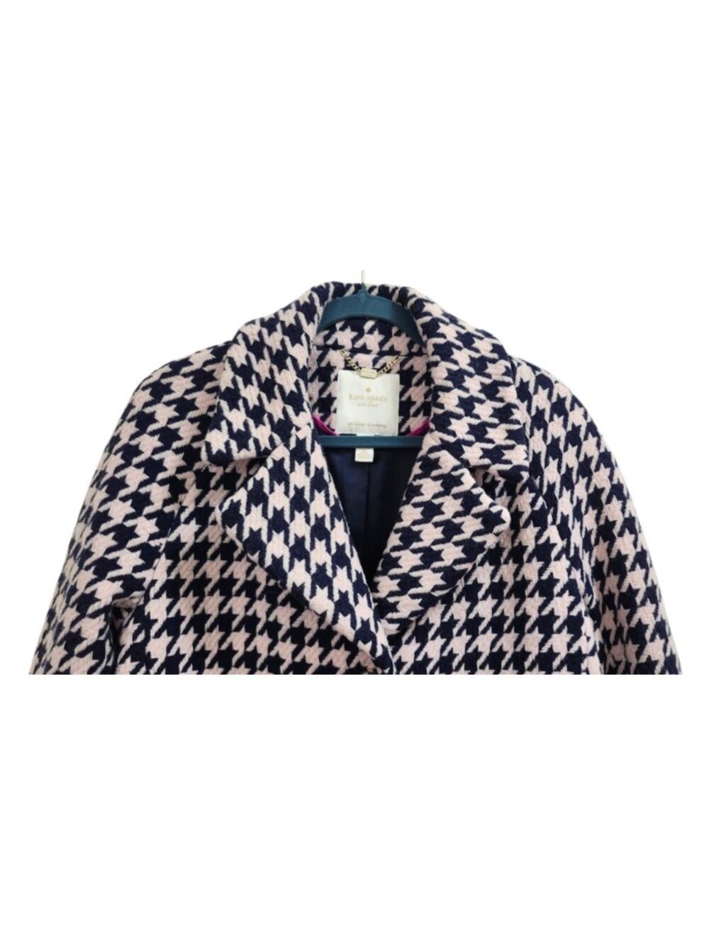 Kate Spade New York Houndstooth Coat Womens M Wool Blend Navy Ivory Button Front - Picture 3 of 16